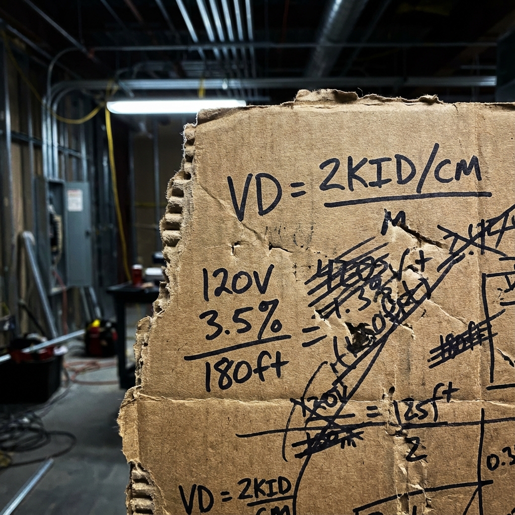 Messy voltage drop calculations scribbled on scrap cardboard